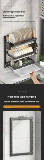 Wall-Mounted Kitchen Dish Rack Multifunctional Kitchen Organizer with Drainboard Cutlery Storage Holder Dinnerware Drainer