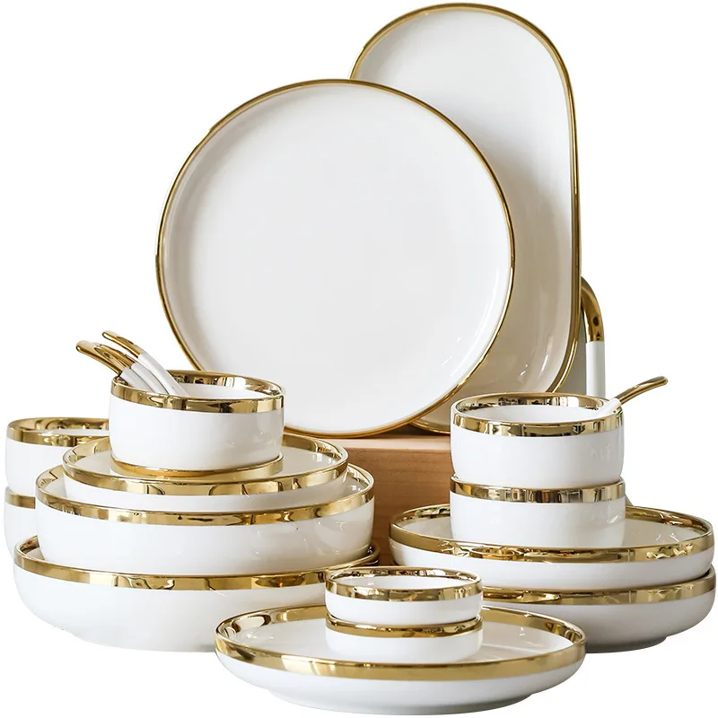 Nordic Style Gold Inlay Bright White Porcelain Dinner Sets Ceramic Bowl Dish Plates Set Porcelain Nordic Style Gold Inlay Bright White Porcelain Dinner Sets Ceramic Bowl Dish Plates Set Porcelain Dinnerware For Household