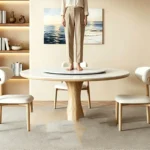 Modern round slate dining table with solid wood legs - Goldoma