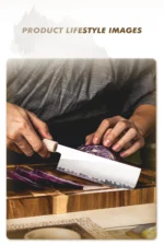 Professional nakiri knife with PM204 steel core and Mkuruti wood handle on wooden cutting board
