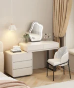 Modern bedroom vanity table with mirror and storage drawers, makeup vanity desk with stool