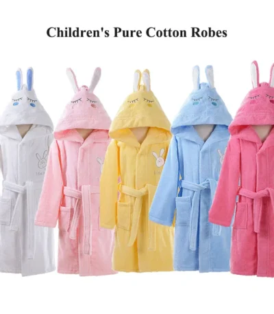 100% Cotton Children Hooded Bathrobe Cartoon Rabbit Cute Soft Warm Solid Belted Robes for Kids