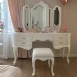 Modern wooden vanity table with mirror and stool in white finish for bedroom