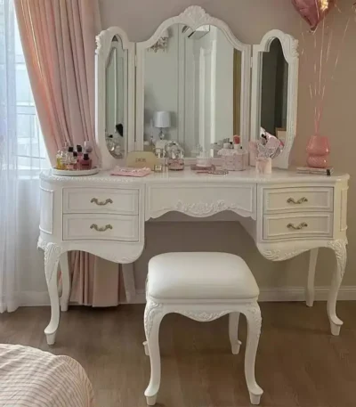 Modern wooden vanity table with mirror and stool in white finish for bedroom
