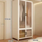 Minimalist open wardrobe closet with metal frame in a modern bedroom setting