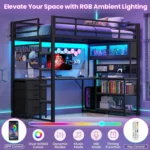 Twin Loft Bed L-Shaped Gaming Desk Storage Hutch Power Outlet Metal Frame RGB Lights Space Saving Teens Black, Customized