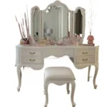Modern wooden vanity table with mirror and stool in white finish for bedroom