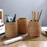 Rattan Pencil Holder, Handmade Wicker Pen Cup Makeup Brushes Holder, Woven Vine Desk Organizer Pen Container Box – top view