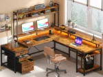 EnHomee L Shaped Computer Desk with Power Outlet & Monitor Stand & LED Gaming Desk with Hutch Drawers for Living,
