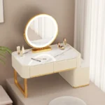 Modern minimalist dressing table with storage shelf for makeup organization in a bedroom