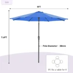 JHK 9ft Patio Umbrella with Tilt and Crank Button 8 Sturdy Ribs Waterproof Patio Table Umbrella for Outdoor Poolside Beach