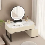 Modern minimalist dressing table with storage shelf for makeup organization in a bedroom