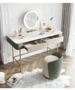 Modern dresser with mirror and stool – 2-drawer makeup vanity table in a minimalist bedroom setting