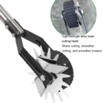 Side view of Goldoma manual edger with stainless steel blade, placed on garden path.