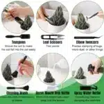 Close-up of bonsai transplanting tools in the garden planter kit