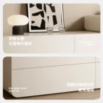 White minimalist wood dresser with mirror and stool in modern bedroom setting