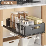Pull out cabinet organizer holding spice bottles and seasoning jars in a kitchen cabinet