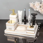Volakos White Natural Marble Bathroom Accessories Golden Luxury Soap Dish Soap Dispenser Toothbrush Holder Tray Bathroom Set