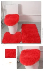 Plush bathroom rug set with toilet lid cover and mat in a cozy bathroom