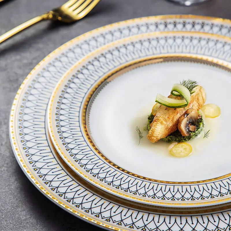 Creative Round Plaid Western Dinner Plate Exquisite Bone China Cooking Plate Modern Hotel Restaurant Tableware Kitchen Utensils