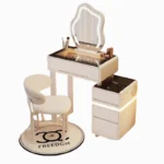 Luxury modern dressing table with mirror and stool in bedroom setting featuring compact vanity with drawers