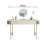 Modern dresser with mirror and stool – 2-drawer makeup vanity table in a minimalist bedroom setting