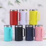24oz double wall coffee mug with handle and leak-proof lid on a wooden table