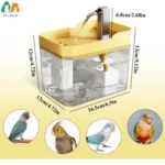 ATUBAN bird bath fountain set on a wooden table, with a parakeet perched on the edge, drinking.