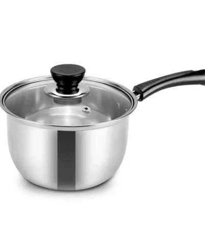 Goldoma stainless steel milk pot with lid on a kitchen stove