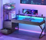 55" Gaming Desk with 6 Drawers, Corner Gaming Desk with Storage & LED Lights, Reversible PC Desk with Power Outlet,,