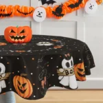Halloween Round/Traingle Black Pink Tablecloth Pumpkin Spooky Boo Printed Decorative Dining Table Cover for Home Party Decor