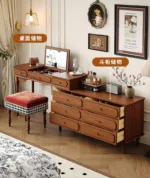 Minimalist oak wood dressing table with mirror, stool, and six drawers in a modern bedroom setting