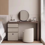 Minimalist wood dressing table with mirror and three storage drawers in modern bedroom setting