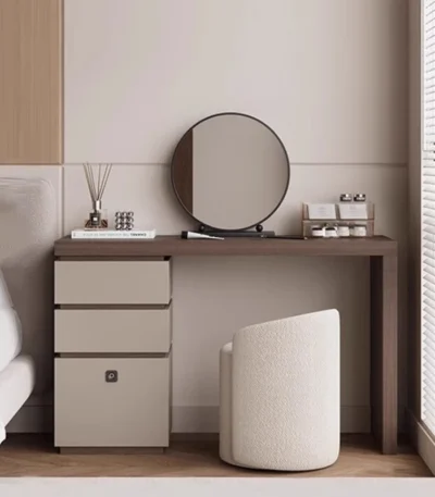 Minimalist wood dressing table with mirror and three storage drawers in modern bedroom setting