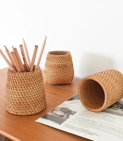 Rattan Pencil Holder, Handmade Wicker Pen Cup Makeup Brushes Holder, Woven Vine Desk Organizer Pen Container Box