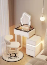 Luxury modern dressing table with mirror and stool in bedroom setting featuring compact vanity with drawers