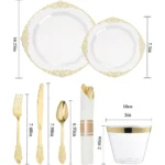 Elegant 350-Piece Gold Plastic Dinnerware Set: 100 Rimmed Plates, 150 Cutlery, 50 Napkins, 50 Cups for Parties &