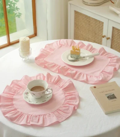 6Pcs 100% Cotton Scalloped Round Placemat with Ruffle Washable Table Mats for Kitchen Dining Holiday Gatherings Decor