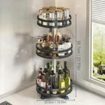 3-tier rotating spice rack filled with spice jars on a kitchen counter, 360-degree view