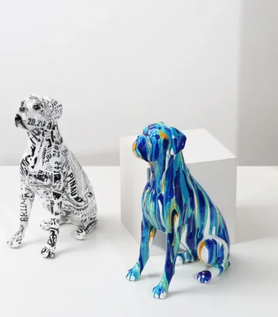 Colorful boxer dog resin ornament on a wine cabinet, splash paint design.
