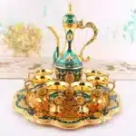 European Style Tea Set 6 Luxury Coffee Cup Vintage Metal Turkish Coffee Pot Set Craft Tea Tray and Teapot for Serving Tea