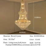 Modern crystal chandelier for dining room hanging over a wooden table with warm glow