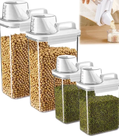1pc Cereal Containers Storage, Airtight Grain Jar with Measuring Cup Kitchen Organizers for Oatmeal, Grain, Flour, Pet Food
