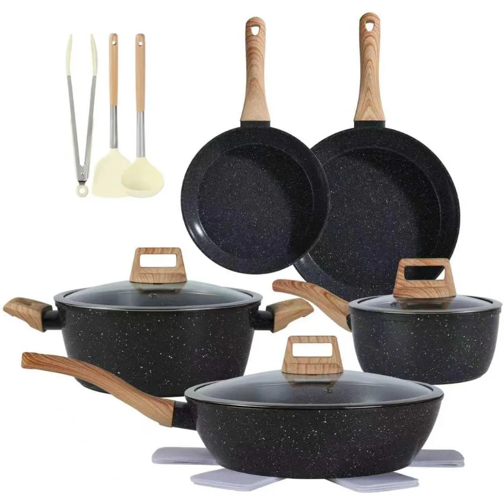 Goldoma non toxic cookware set 15 pieces ceramic nonstick pots and pans on kitchen counter