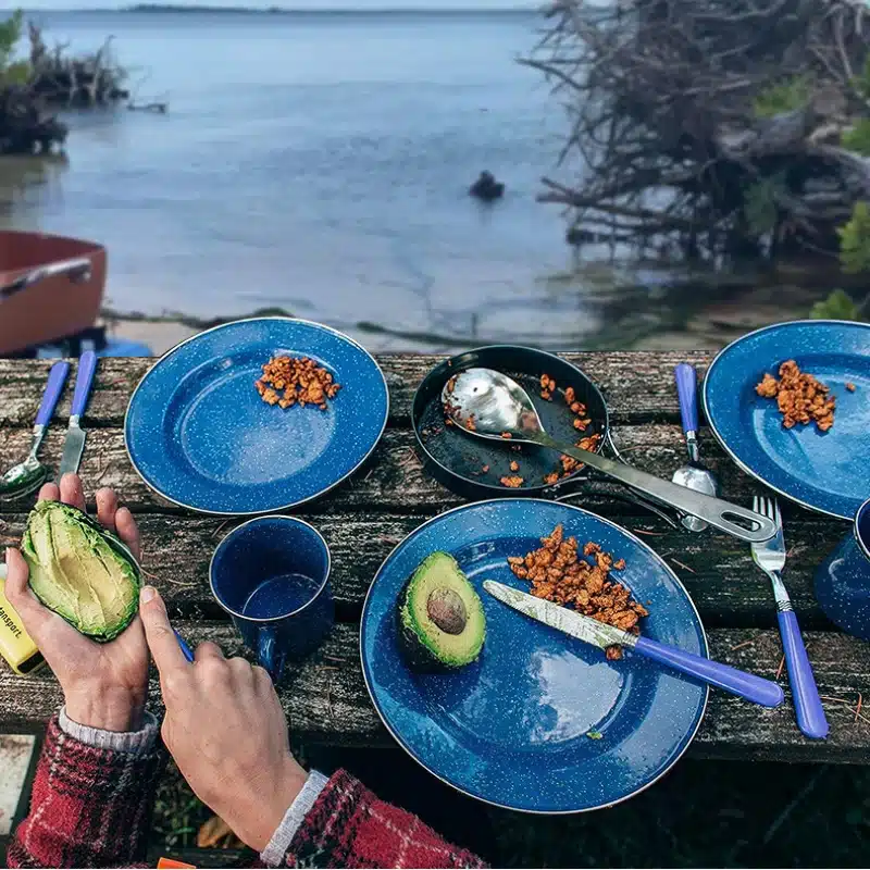 Camping Enamel Tableware Set: Plates, Bowls, Mugs High Quality 24 piece Enamel Tableware Set 24-Piece Enamel Tableware Set