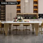 Modern oval marble dining table with gold stainless steel legs seating 6-8 people - Goldoma