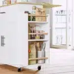 Kitchen Island with Storage, Rolling Kitchen Island on Wheels with Drop Leaf, 3 Open Spice Rack Shelf, Door Cabinet, Drawer