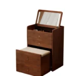 Wooden makeup vanity with mirror and stool in a modern bedroom setting