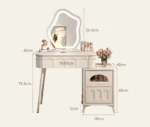 Modern wood makeup vanity table with mirror, drawer, and stool in a bedroom setting