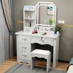 Goldoma LED dressing table with mirror and stool in a modern bedroom – stylish wooden makeup vanity with 2 drawers